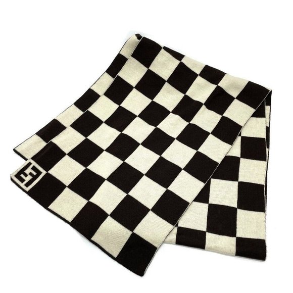 AUTHENTIC FENDI FF logo Gingham check Scarf wool Brown x White